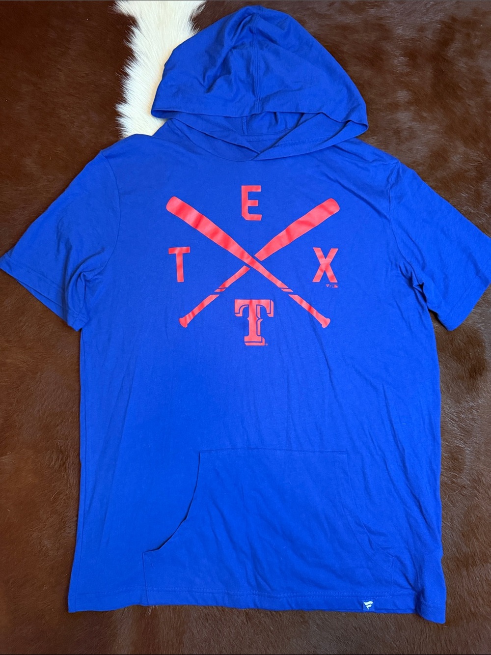 Texas Rangers Fanatics Iconic Rebel Royal Blue Short Sleeve Hoodie Shirt Sz XL